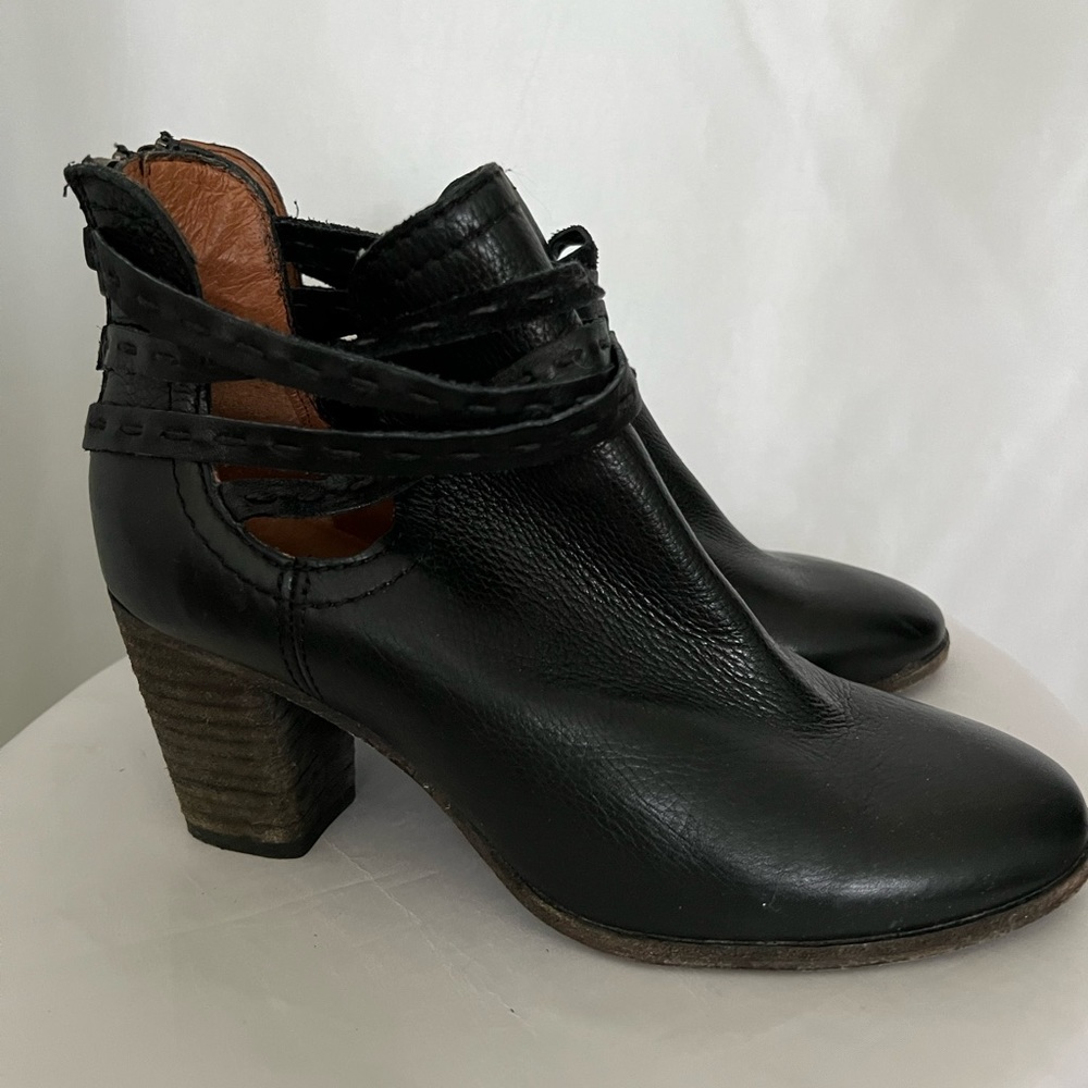 Frye Black Leather Ankle Booties with Stacked Heel